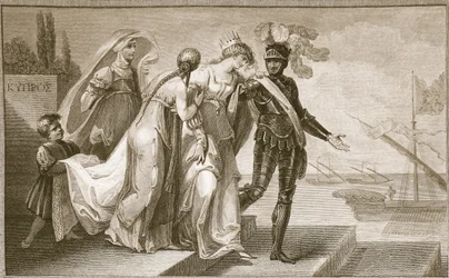 Richard I verlaat Cyprus, gegraveerd door J. Fittler, illustratie uit David Hume